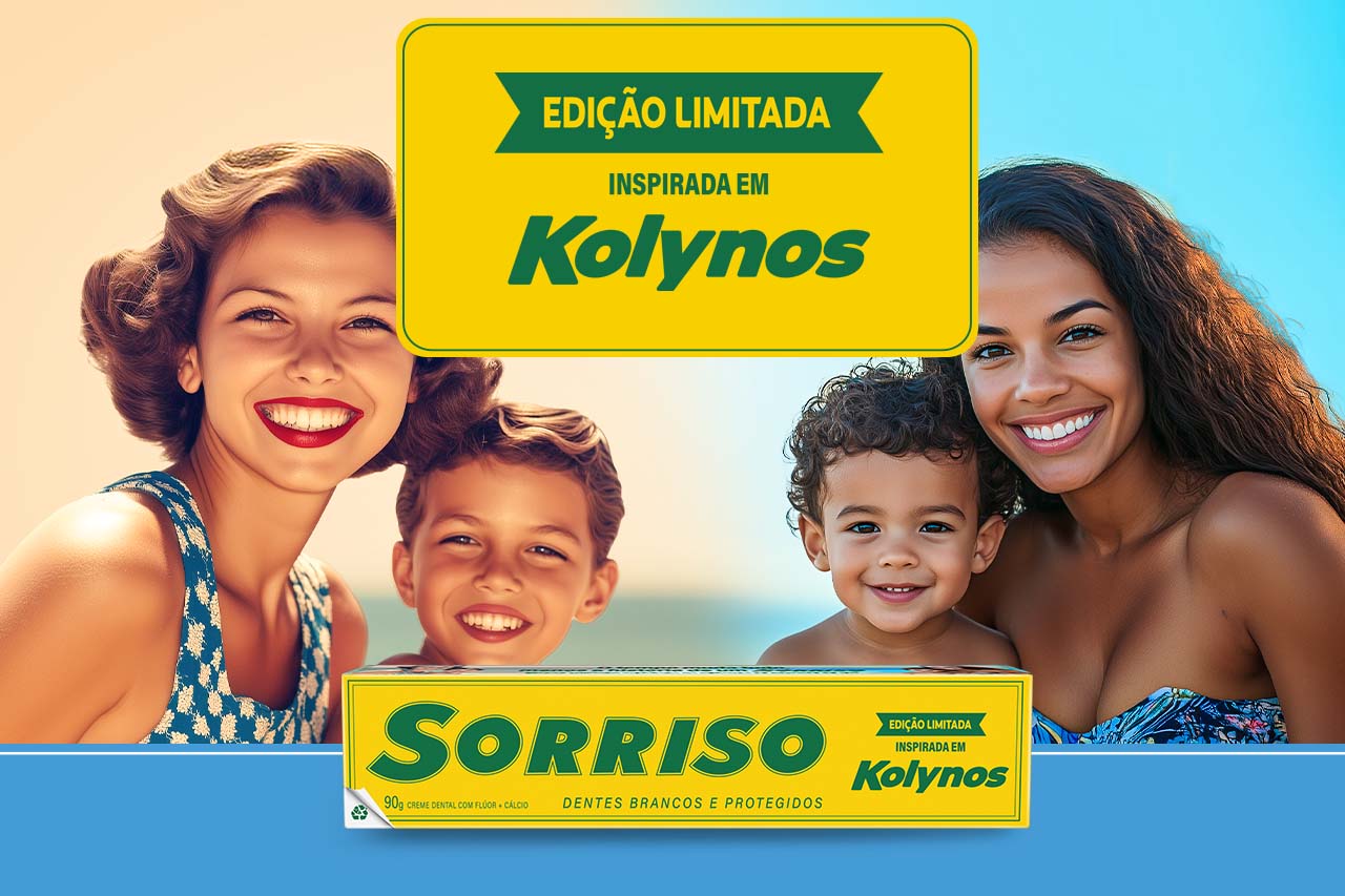 Imagem da pasta de dente Sorriso em estilo retrô, destacando que o creme dental Kolynos ainda existe em edição especial.