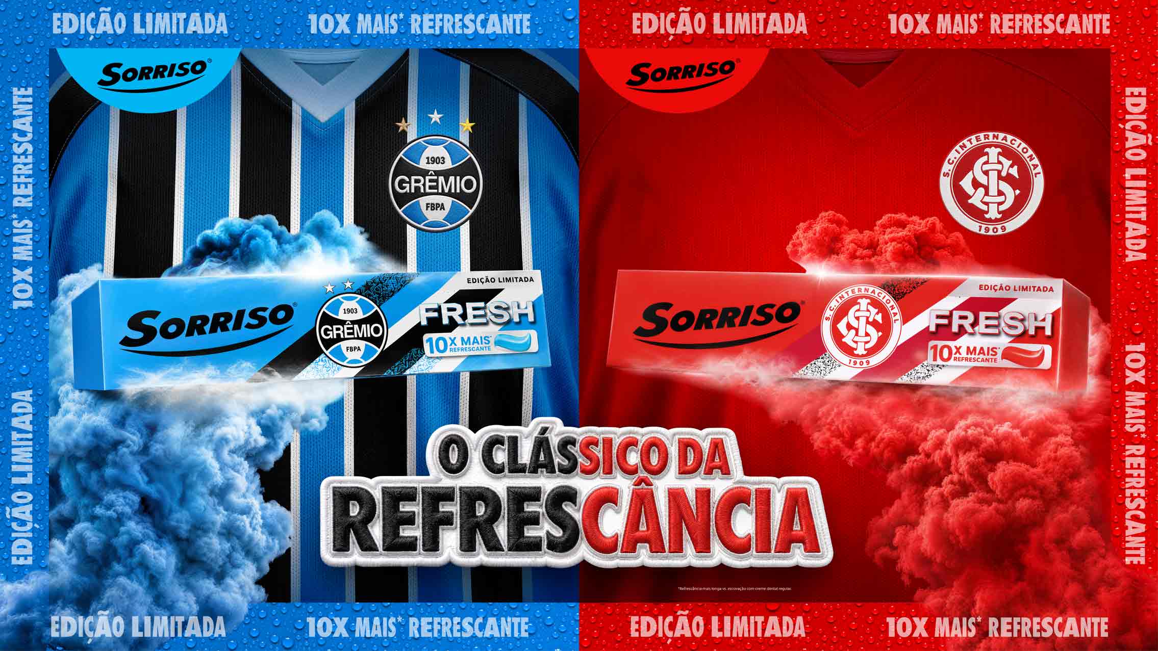 Creme dental Sorriso Fresh edição limitada Grenal, com embalagens personalizadas dos times Grêmio e Internacional.