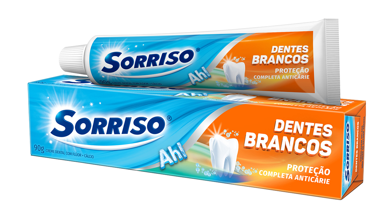 Imagem do tubo e da caixa do creme dental Sorriso Fresh Menthol Impact.