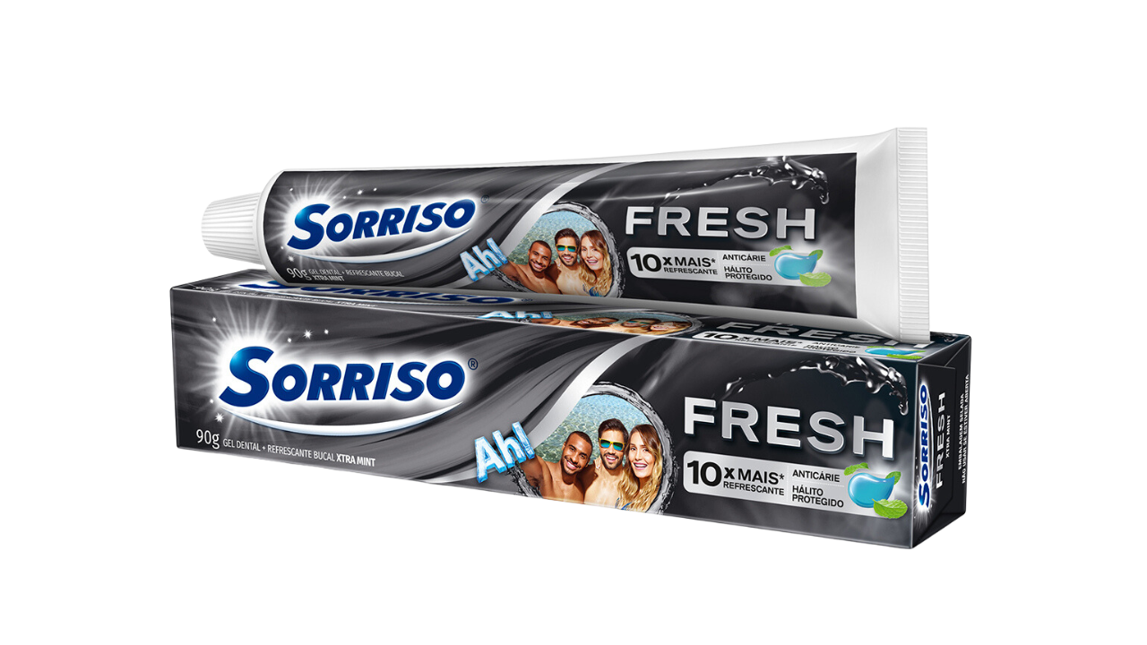 Imagem do tubo e da caixa do creme dental Sorriso Fresh Xtra Mint.
