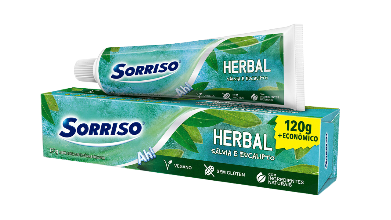 Imagem do tubo e da caixa do creme dental Sorriso Herbal Sálvia e Eucalipto.