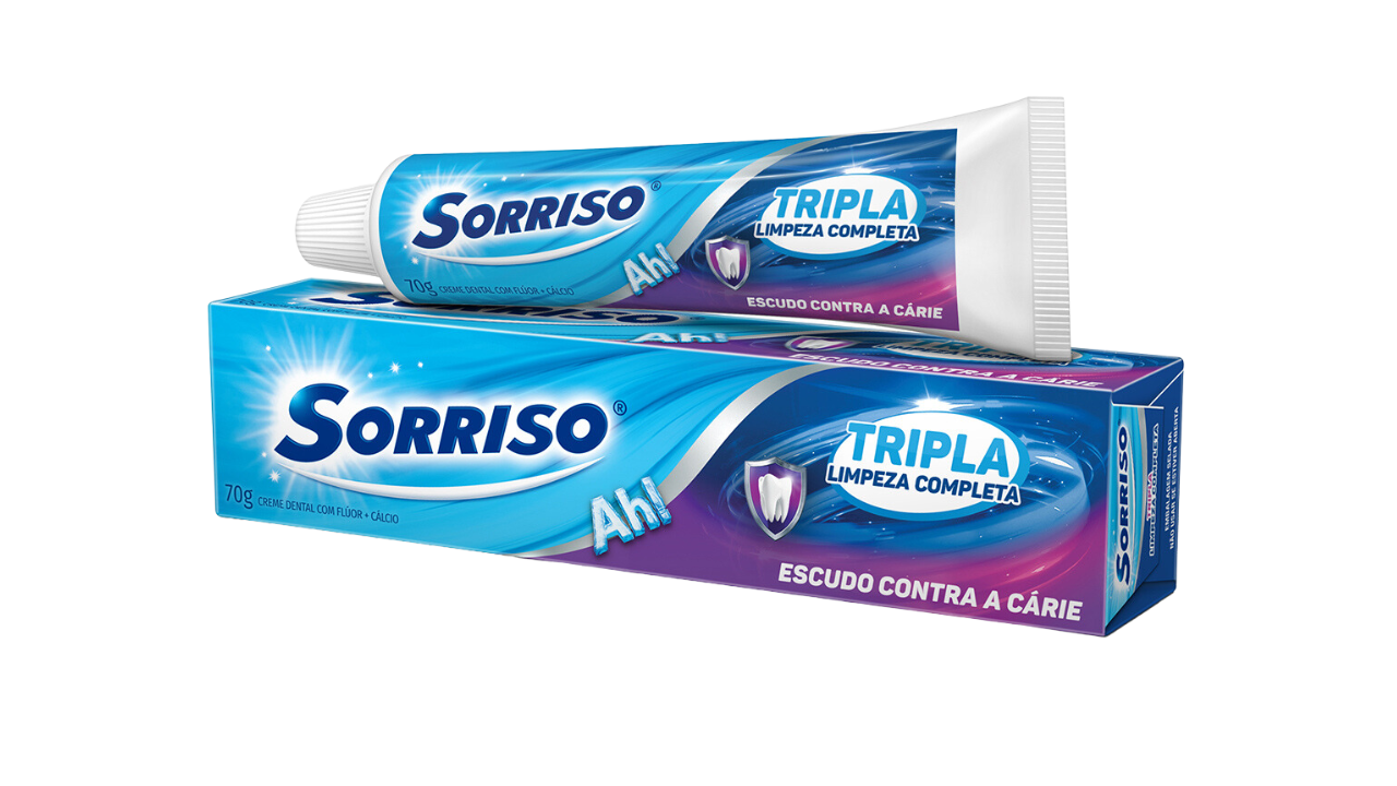 Imagem do tubo e da caixa do creme dental Sorriso Tripla Limpeza Completa.